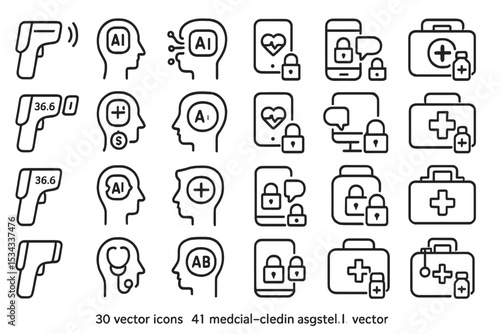 Dark medical icon set with AI, privacy, and telehealth symbols