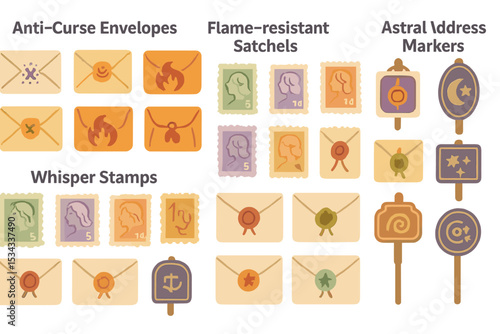 Fantasy mail icons with magical stamps, envelopes, and astral markers