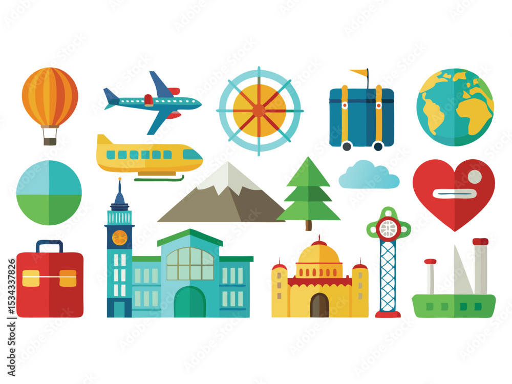Fototapeta premium Colorful travel icons collection flat design isolated on white background 