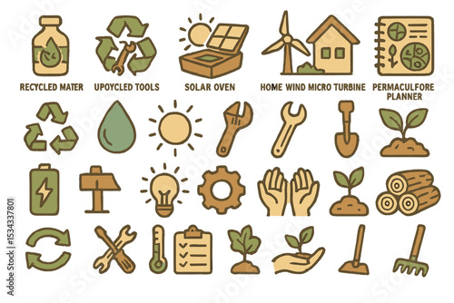 A collection of eco-friendly symbols including recycled materials, upcycled tools, renewable energy sources like solar ovens and wind turbines, sustainable gardening, and permaculture planning