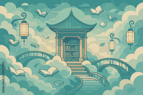 Fantasy cloud library with flying books and lantern-lit bridges
