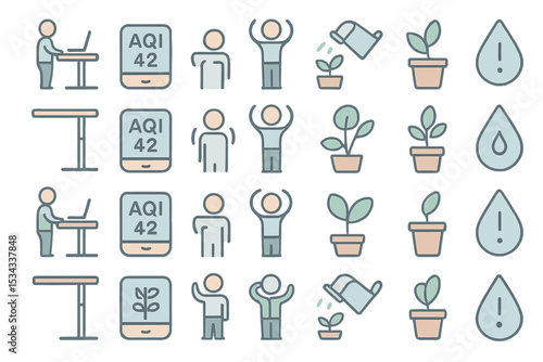 Icons representing health and productivity, including a standing desk, air quality (AQI), stretching, watering plants, and plant growth.