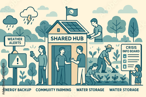 Illustration of a resilient community hub with farming and alerts