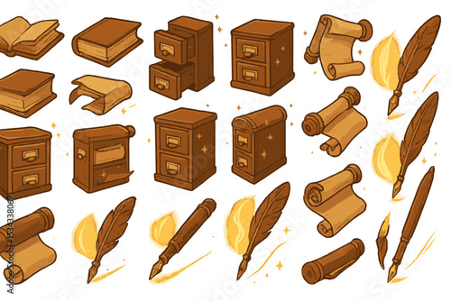 Vintage-style icons of books, scrolls, quills, and file drawers