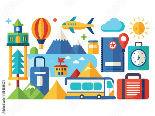 Colorful travel icons and elements isolated on white background
