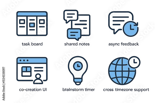 Set of blue UI icons for collaborative remote work tools