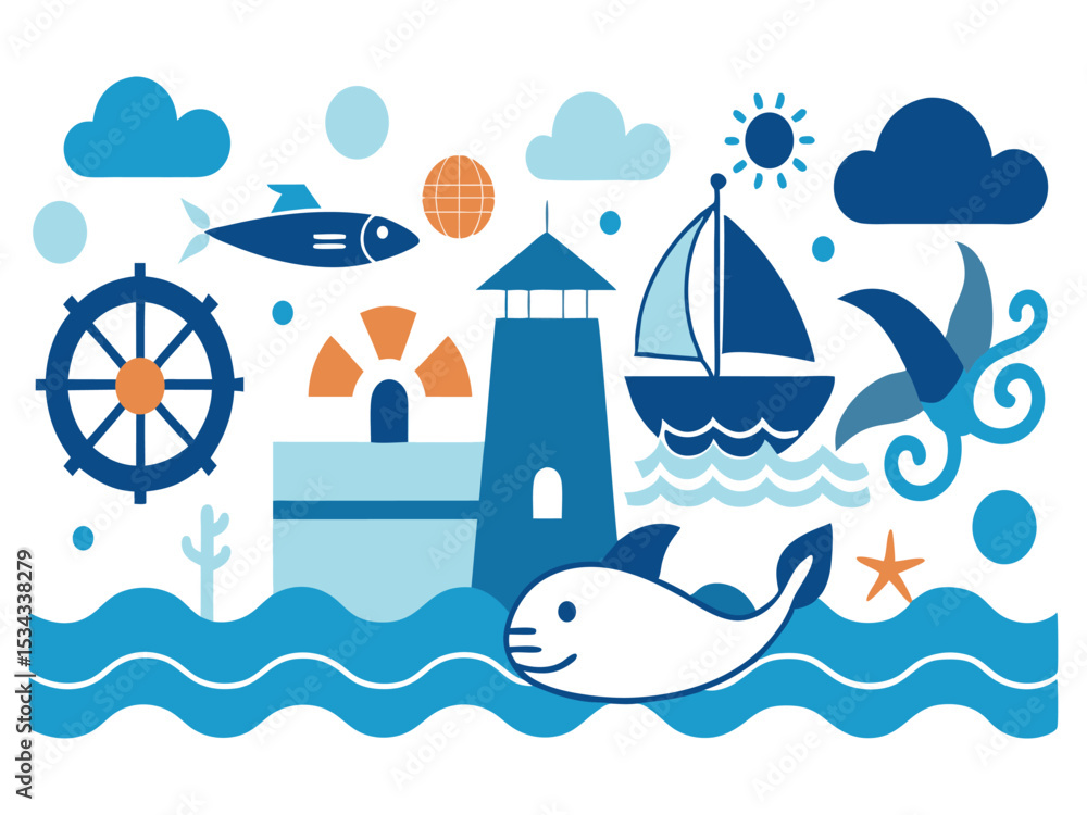 Fototapeta premium Cute nautical illustration with whale lighthouse and sailboat isolated on white background 