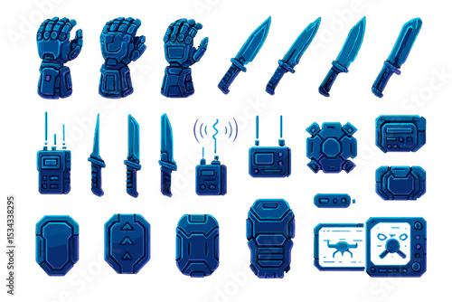 Futuristic neon-style icons of knives, armor, gloves, and tech devices
