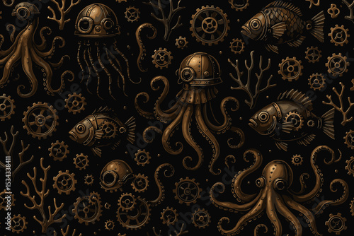 Steampunk sea creatures with gears and mechanical details