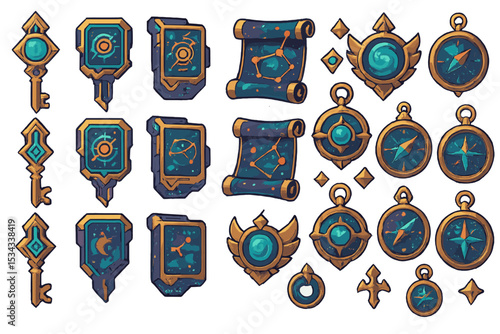 Fantasy vector icons featuring magical keys, scrolls, and cosmic compasses