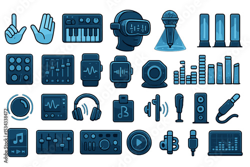 Neon blue audio, music, and VR interface icon set