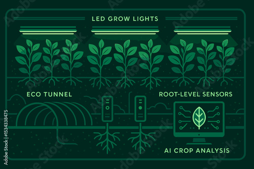 Smart farming illustration with LED grow lights and AI crop sensors
