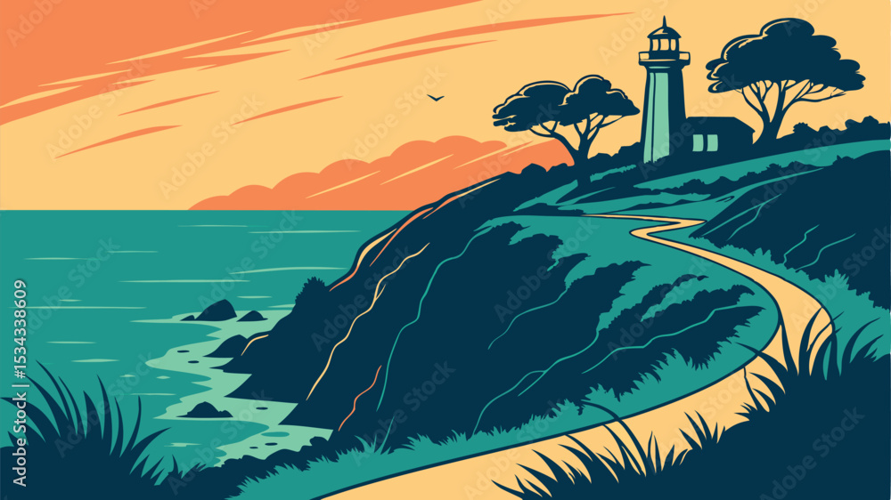 Obraz premium Coastal Lighthouse Sunset Scene Graphic Design for Branding and Logos