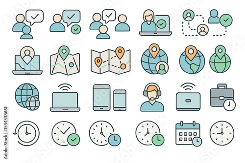 Global teams and time zone icon collection with pastel outline style