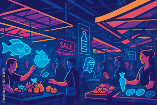 Colorful neon-style illustration of a crowded indoor market with vendors