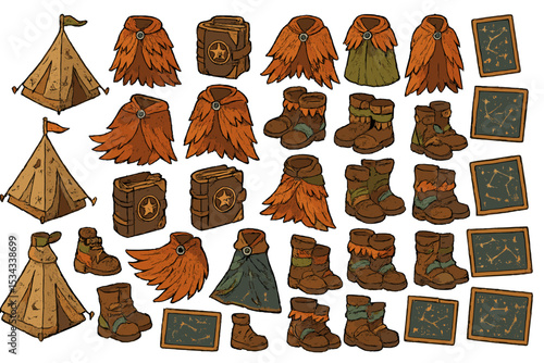 Fantasy inventory sheet (warm amber background) displaying hand-drawn adventurer gear in multiple variants: canvas tents with pennants, feathered ranger cloaks in earth-tones