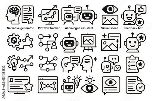 Creative writing AI tool icons set for narrative, plot and feedback