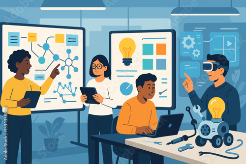 Students collaborating in a tech lab with VR and robotics