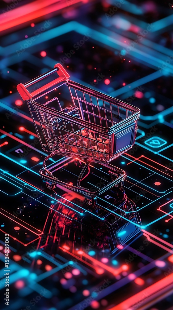Chrome Shopping Cart Reflecting Neon Circuit Board Pattern, Red and Blue Glowing Lights Chrome Shopping Cart Reflecting Neon Circuit Board Pattern, Red and Blue Glowing Lights