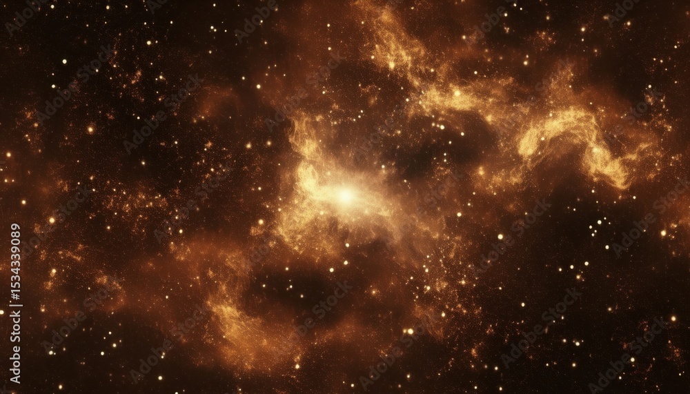 Naklejka premium radiant amber nebula cloud with glowing starburst core and dense cosmic dust pattern for sci-fi poster, web design, album cover, or futuristic branding background texture