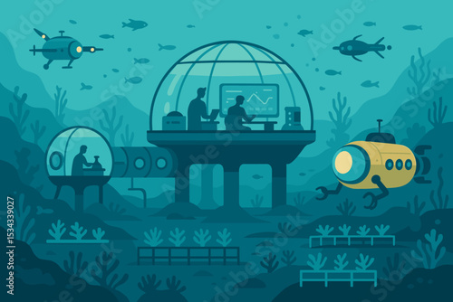 Futuristic underwater research lab with drones, subs, and sea farming