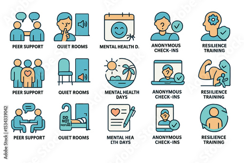 Colorful line icons of workplace mental-health support initiatives