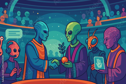 Alien leaders shaking hands at intergalactic peace summit