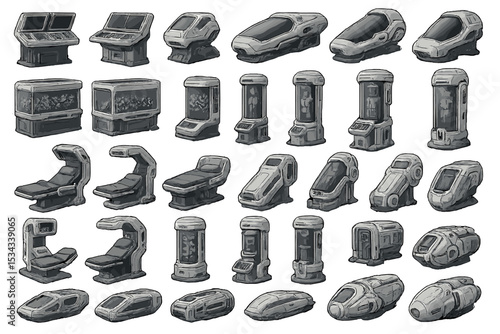 Set of futuristic sci-fi medical and cryo pod illustrations