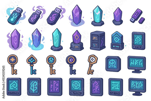 Fantasy digital artifact icon set with crystals, keys, and tablets