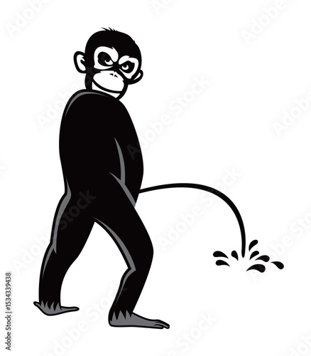 Monkey standing peeing. Monkey pissing vector. Standing Ape Pose Illustration.