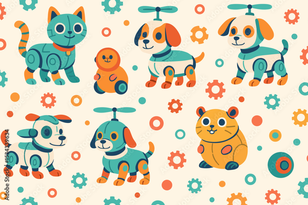 Fototapeta premium Seamless pattern of cute robotic pets with gears and bright colors