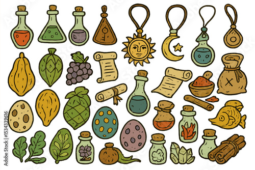 Hand-drawn fantasy RPG icons of potions, herbs, scrolls, and relics