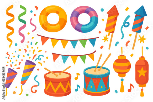 Colorful festive icons including drums, lanterns, fireworks, and party streamers