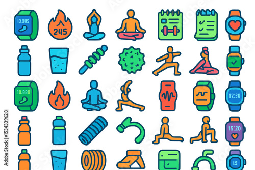 Colorful fitness and wellness icons including yoga, watches, and gear
