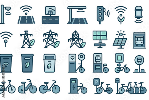 Icon set illustrating smart city features like mobility, energy, and IoT systems