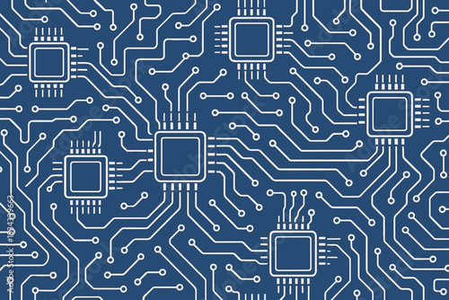 Blue seamless circuit board pattern with microchips and connections