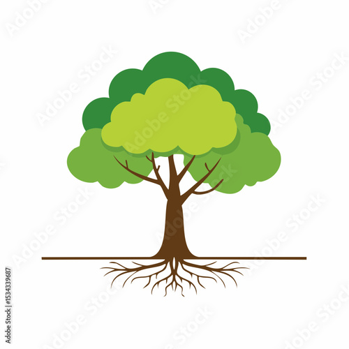 Flourishing Tree Illustration: A simple yet vibrant illustration of a thriving tree, its lush green canopy reaching towards the sky, its roots firmly grounded in the earth. Symbolizing growth, life.