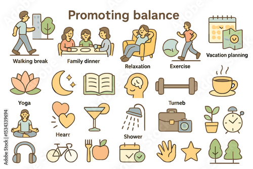 Vector icons promoting balance and wellness with lifestyle activities