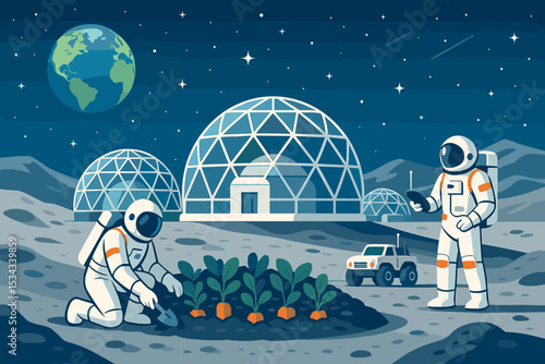 Astronauts farming vegetables on the moon near futuristic space domes