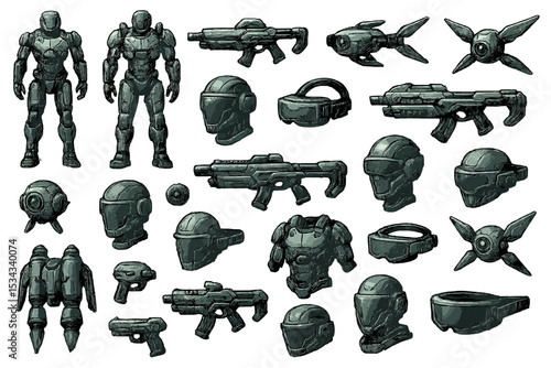 Dark sci-fi soldier gear and weapon concept illustrations set