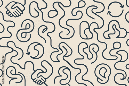 Seamless abstract line pattern with handshake and circular arrows