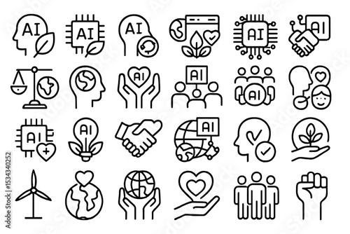 Ethical AI and sustainability icon set with human and environmental focus