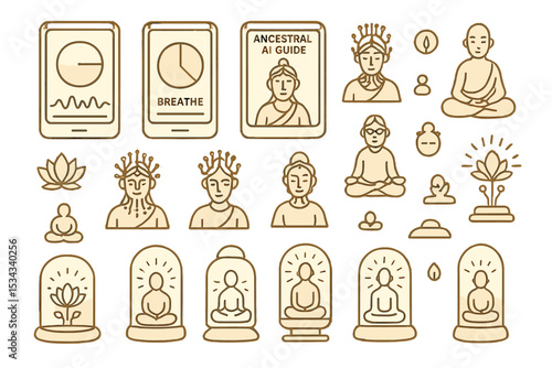 Mindfulness and meditation icons with AI and ancestral themes