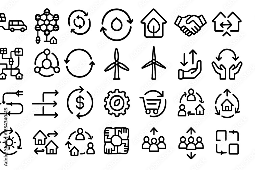Fototapeta premium Black icon set depicting circular systems, energy flow, and community exchange