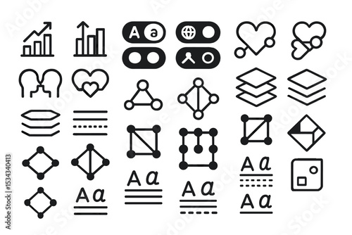 Black outline icon set for data, typography, graphs, and interface design