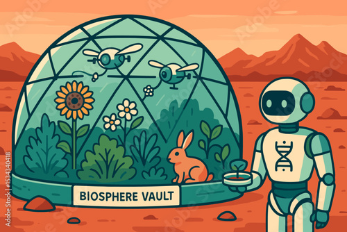 Robot tending Mars biosphere vault with plants, drones, and rabbit