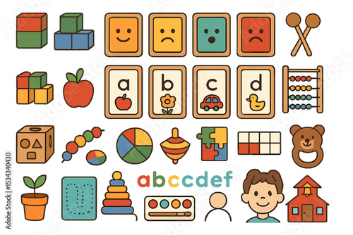 Preschool learning icons with toys, letters, emotions, and counting tools
