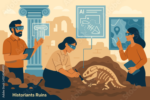 AI-assisted archaeologists examining ruins with augmented reality