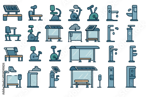 Icon set featuring smart urban amenities like solar benches, bike stations, bus shelters, and water fountains