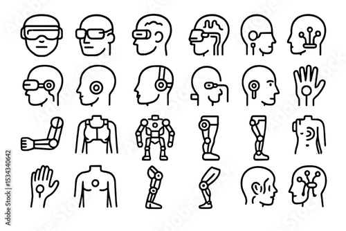 Minimalist icons of cyborgs, prosthetics, and wearable tech